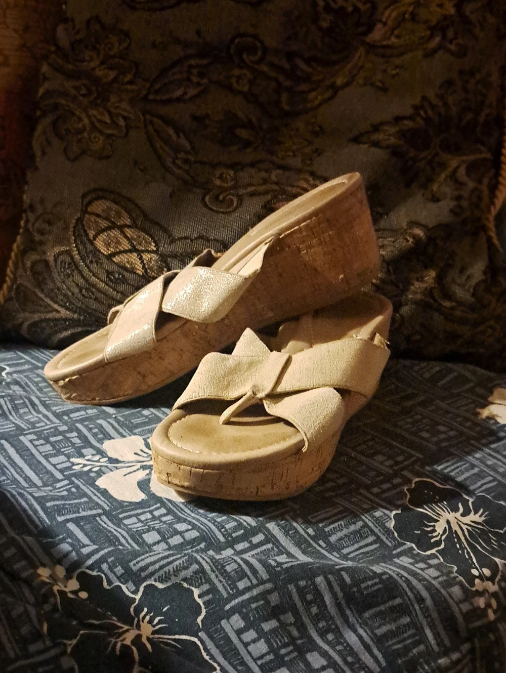 Glittered Beige Cork Wedge Sandals with Cross Straps